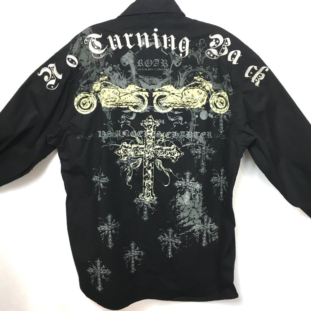 90's Roar "No Turning Back "LS Jeweled Y2K Black Embroidered Shirt Vtg Sz 16